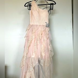 Dusty Blush Pink One Shoulder Lace Party Dress